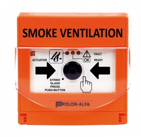 Buton de activare a procedurii de desfumare; include buton de reset; 3 LED-uri indicatoare pentru stările: activat, normal și detecție defect; montaj sub tencuială, la interior